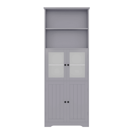 Armário de casa de banho alto 57,4 x 28,5 x 160 cm - Com portas de vidro e madeira, prateleiras ajustáveis - Cinza