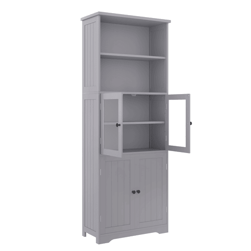 Armário de casa de banho alto 57,4 x 28,5 x 160 cm - Com portas de vidro e madeira, prateleiras ajustáveis - Cinza