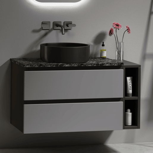 Móvel de casa de banho suspenso 80 cm - com lavatório em cerâmica e gavetas, design moderno - Preto+Cinza Móvel de casa de banho suspenso 80 cm - com lavatório em cerâmica e gavetas, design moderno - Preto+Cinza