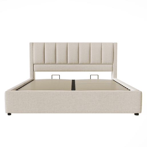 Cama estofada 160x200 cm - Com arrumação, suporte para bebidas e carga, linho bege