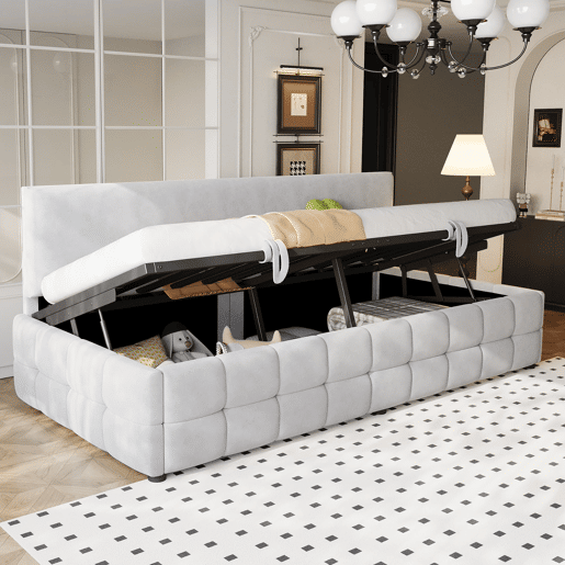 Cama individual 90x200 cm - Com arrumação hidráulica, encosto sem braços, design quadriculado - Cinza claro