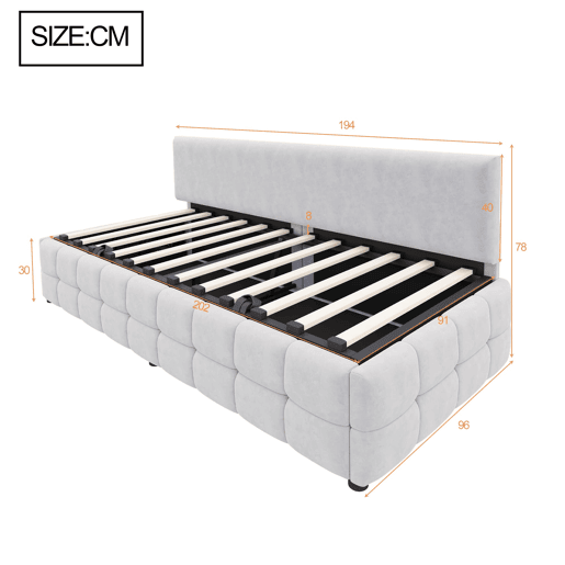 Cama individual 90x200 cm - Com arrumação hidráulica, encosto sem braços, design quadriculado - Cinza claro