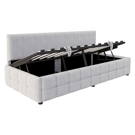 Cama individual 90x200 cm - Com arrumação hidráulica, encosto sem braços, design quadriculado - Cinza claro