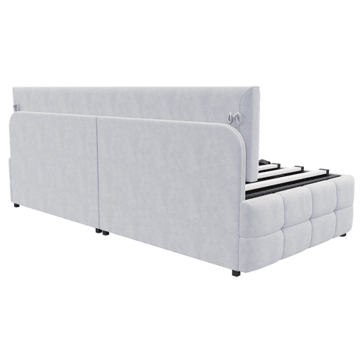 Cama individual 90x200 cm - Com arrumação hidráulica, encosto sem braços, design quadriculado - Cinza claro