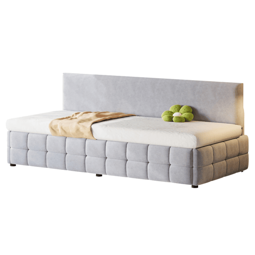 Cama individual 90x200 cm - Com arrumação hidráulica, encosto sem braços, design quadriculado - Cinza claro