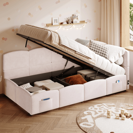 Cama estofada 90x200 cm - com estrado de ripas, USB, arrumação, rosa
