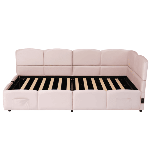 Cama estofada 90x200 cm - com estrado de ripas, USB, arrumação, rosa