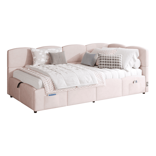Cama estofada 90x200 cm - com estrado de ripas, USB, arrumação, rosa