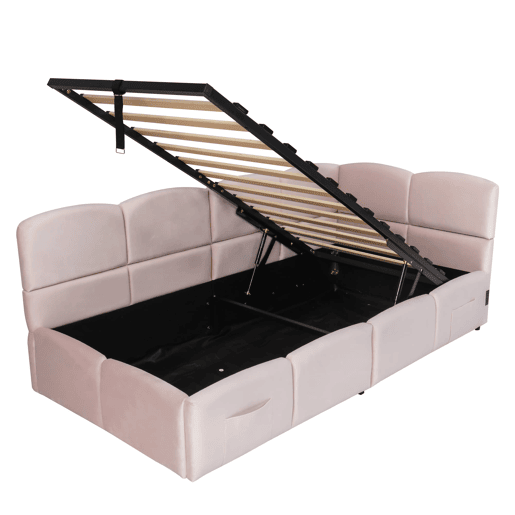 Cama estofada 90x200 cm - com estrado de ripas, USB, arrumação, rosa