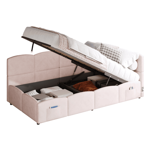 Cama estofada 90x200 cm - com estrado de ripas, USB, arrumação, rosa