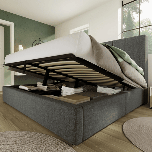 Cama estofada 180x200 cm - Com suporte para copo e estação de carregamento - Cinza