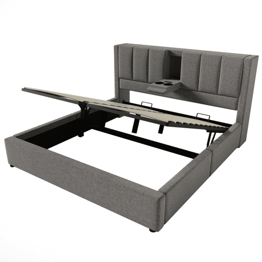 Cama estofada 180x200 cm - Com suporte para copo e estação de carregamento - Cinza