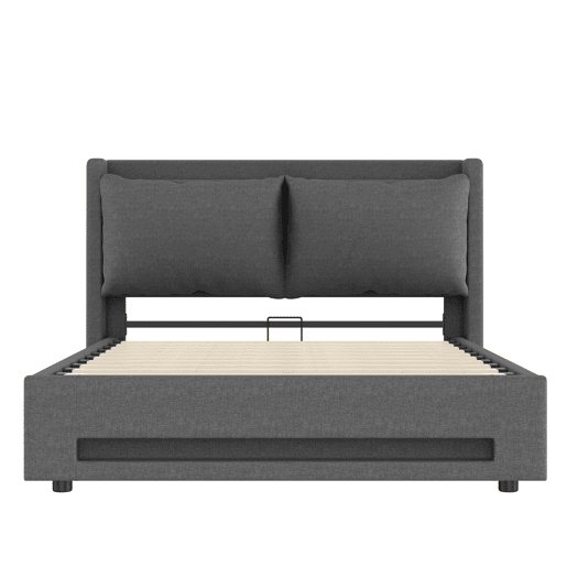 Cama com dossel 140x200 cm - Cabeceira estilizada, armazenamento, portas USB-C, iluminação LED, cinza