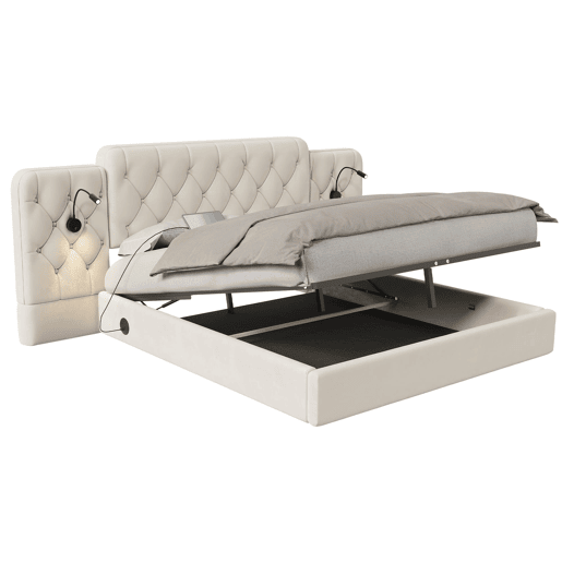 Cama estofada 160x200 cm - Cabeceira longa, material de veludo, várias portas USB, candeeiro de secretária, sistema hidráulico, grande capacidade de arrumação - Bege