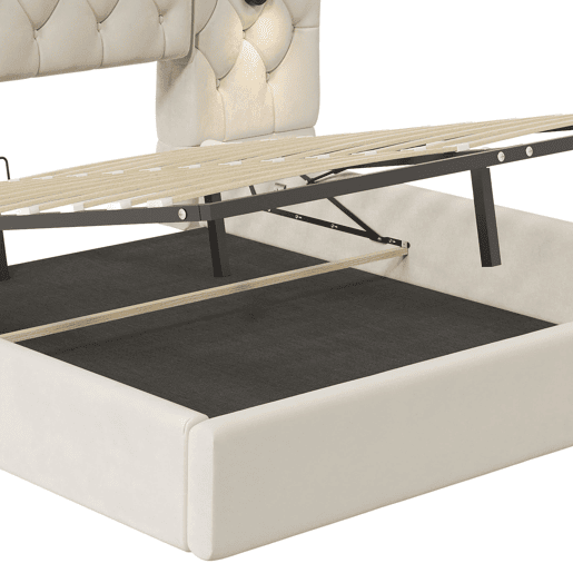 Cama estofada 160x200 cm - Cabeceira longa, material de veludo, várias portas USB, candeeiro de secretária, sistema hidráulico, grande capacidade de arrumação - Bege