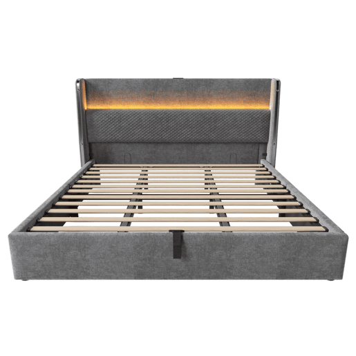Cama hidráulica 180x200 cm - Com LED, armazenamento e portas USBType-C - Cinza Cama hidráulica 180x200 cm - Com LED, armazenamento e portas USBType-C - Cinza