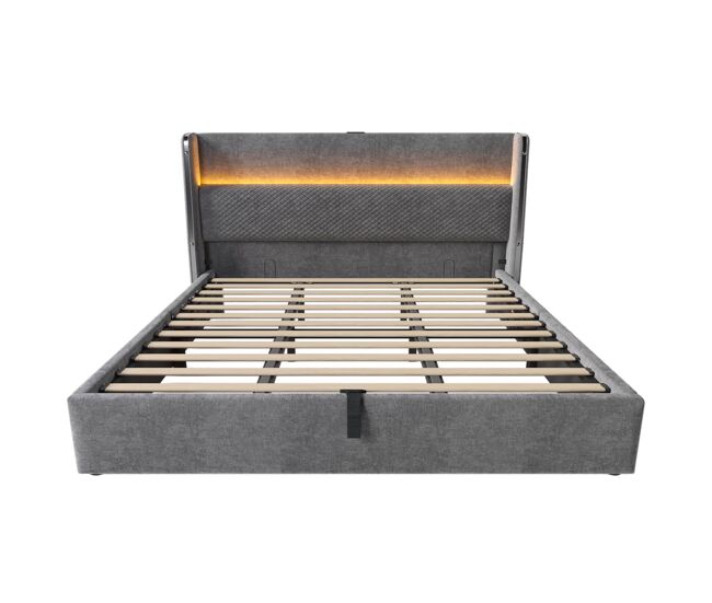 Cama hidráulica 180x200 cm - con led, almacenamiento y puertos usb/type-c - gris