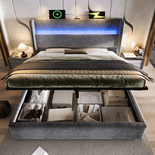 Cama hidráulica 180x200 cm - Com LED, armazenamento e portas USBType-C - Cinza Cama hidráulica 180x200 cm - Com LED, armazenamento e portas USBType-C - Cinza