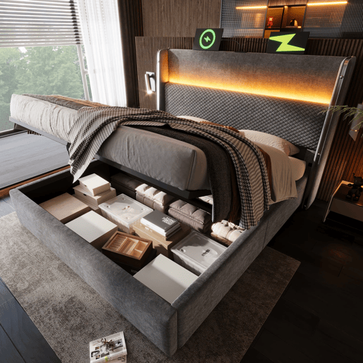 Cama hidráulica 180x200 cm - Com LED, armazenamento e portas USBType-C - Cinza Cama hidráulica 180x200 cm - Com LED, armazenamento e portas USBType-C - Cinza