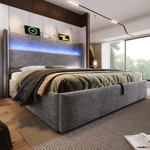 Cama hidráulica 180x200 cm - Com LED, armazenamento e portas USBType-C - Cinza Cama hidráulica 180x200 cm - Com LED, armazenamento e portas USBType-C - Cinza