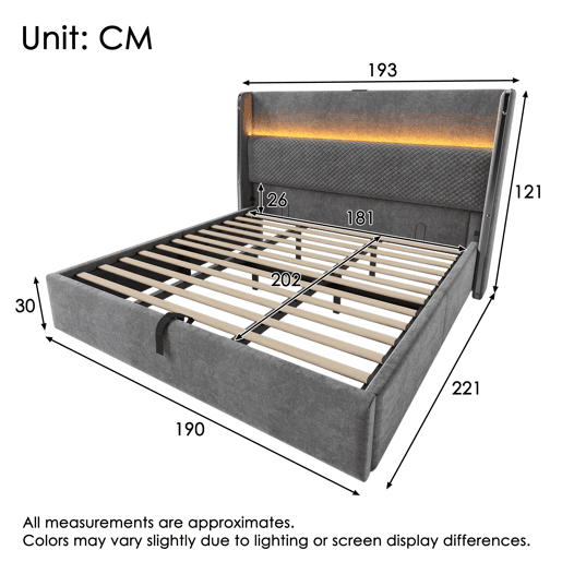 Cama hidráulica 180x200 cm - Com LED, armazenamento e portas USBType-C - Cinza Cama hidráulica 180x200 cm - Com LED, armazenamento e portas USBType-C - Cinza