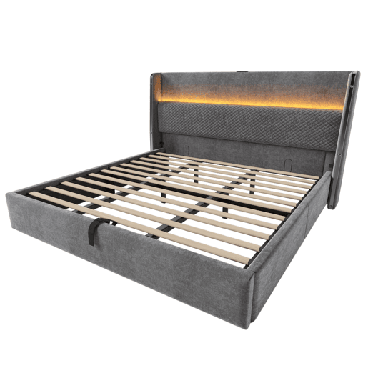 Cama hidráulica 180x200 cm - Com LED, armazenamento e portas USBType-C - Cinza Cama hidráulica 180x200 cm - Com LED, armazenamento e portas USBType-C - Cinza