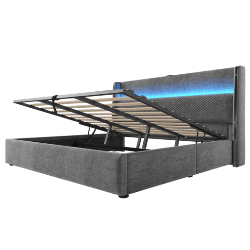 Cama hidráulica 180x200 cm - Com LED, armazenamento e portas USBType-C - Cinza Cama hidráulica 180x200 cm - Com LED, armazenamento e portas USBType-C - Cinza