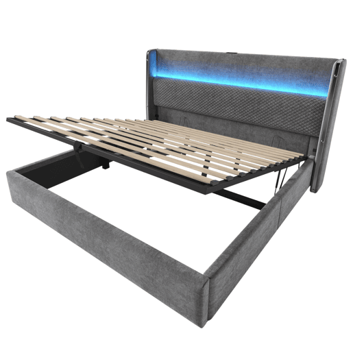 Cama hidráulica 180x200 cm - Com LED, armazenamento e portas USBType-C - Cinza Cama hidráulica 180x200 cm - Com LED, armazenamento e portas USBType-C - Cinza