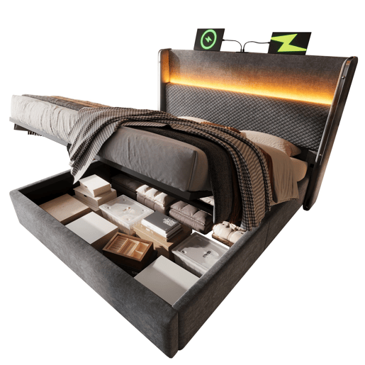 Cama hidráulica 180x200 cm - Com LED, armazenamento e portas USBType-C - Cinza Cama hidráulica 180x200 cm - Com LED, armazenamento e portas USBType-C - Cinza
