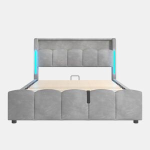 Cama estofada 140x200 cm - Sem colchão, iluminação LED, cabeceira com arrumação, USB e Tipo-C, cinzenta