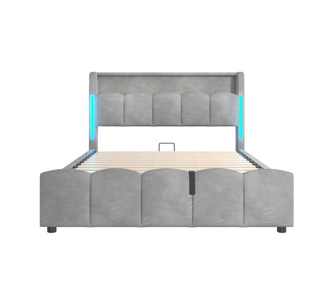 Cama tapizada 140x200 cm - sin colchón, iluminación led, cabezal con almacenamiento, usb y tipo-c, gris