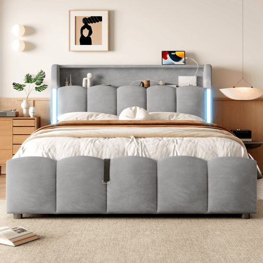 Cama estofada 140x200 cm - Sem colchão, iluminação LED, cabeceira com arrumação, USB e Tipo-C, cinzenta