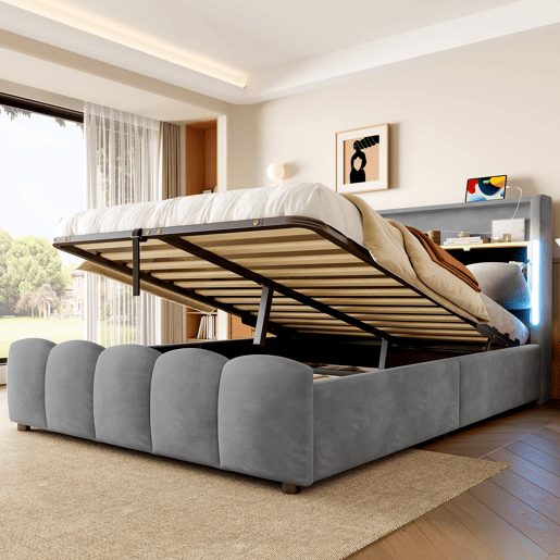 Cama estofada 140x200 cm - Sem colchão, iluminação LED, cabeceira com arrumação, USB e Tipo-C, cinzenta