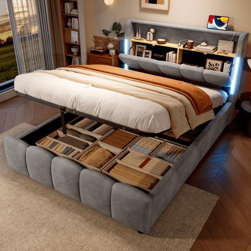 Cama estofada 140x200 cm - Sem colchão, iluminação LED, cabeceira com arrumação, USB e Tipo-C, cinzenta