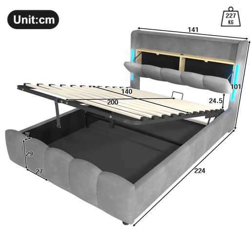 Cama estofada 140x200 cm - Sem colchão, iluminação LED, cabeceira com arrumação, USB e Tipo-C, cinzenta
