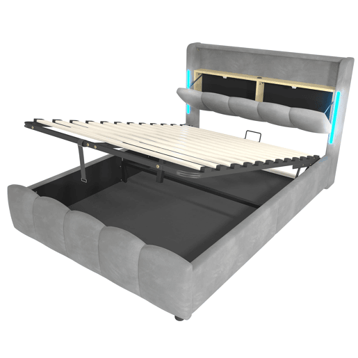 Cama estofada 140x200 cm - Sem colchão, iluminação LED, cabeceira com arrumação, USB e Tipo-C, cinzenta