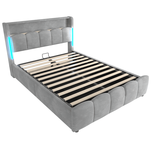 Cama estofada 140x200 cm - Sem colchão, iluminação LED, cabeceira com arrumação, USB e Tipo-C, cinzenta
