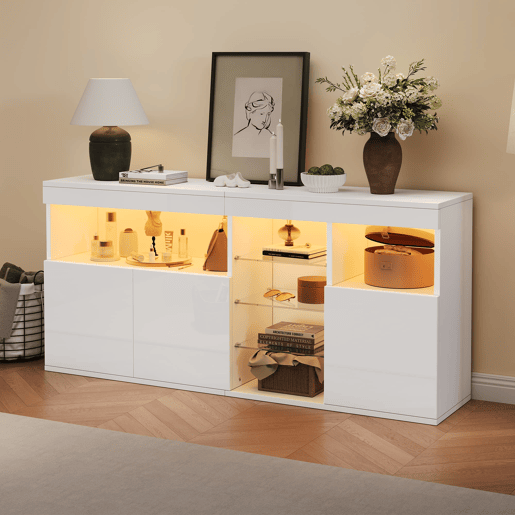 Aparador 155,5x35x72cm - 3 portas, LED, alto brilho, sem puxadores - Branco Aparador 155,5x35x72cm - 3 portas, LED, alto brilho, sem puxadores - Branco