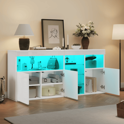 Aparador 155,5x35x72cm - 3 portas, LED, alto brilho, sem puxadores - Branco Aparador 155,5x35x72cm - 3 portas, LED, alto brilho, sem puxadores - Branco