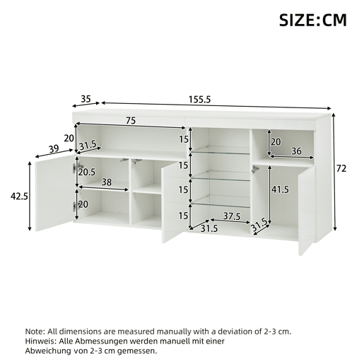 Aparador 155,5x35x72cm - 3 portas, LED, alto brilho, sem puxadores - Branco Aparador 155,5x35x72cm - 3 portas, LED, alto brilho, sem puxadores - Branco