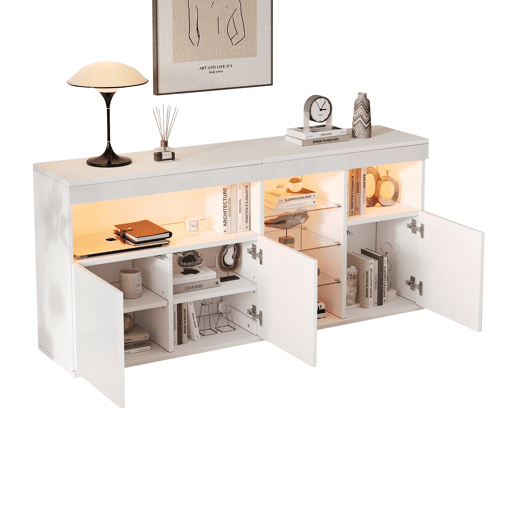 Aparador 155,5x35x72cm - 3 portas, LED, alto brilho, sem puxadores - Branco Aparador 155,5x35x72cm - 3 portas, LED, alto brilho, sem puxadores - Branco