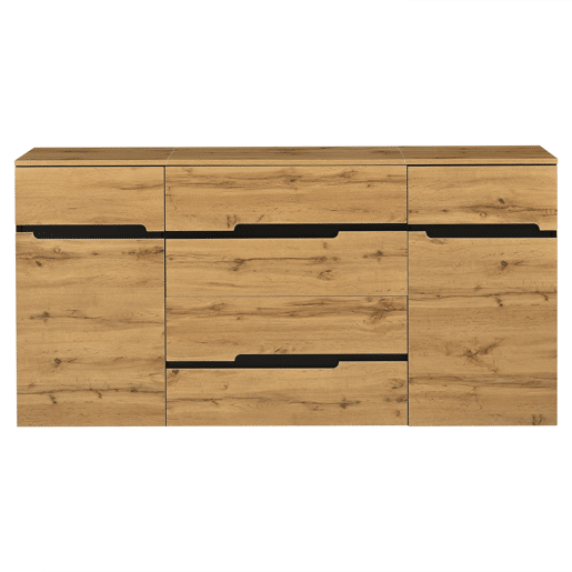 Aparador 160x40x80 cm - 2 portas, 4 gavetas, sem puxadores - Preto e madeira