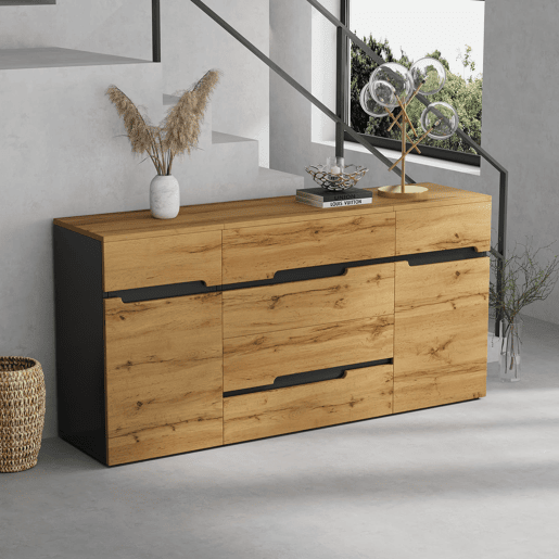 Aparador 160x40x80 cm - 2 portas, 4 gavetas, sem puxadores - Preto e madeira