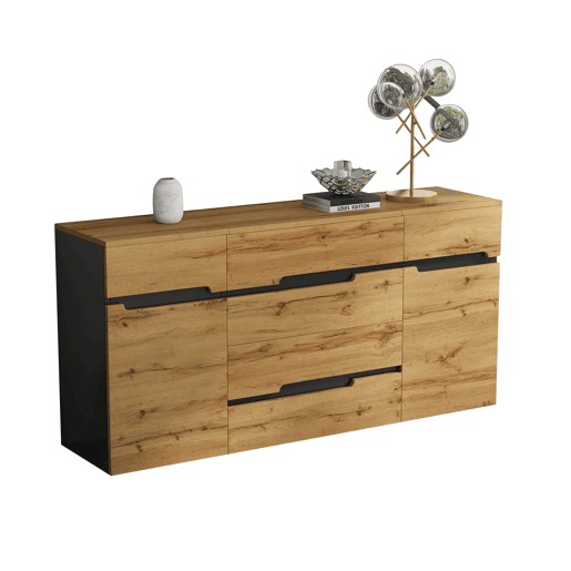 Aparador 160x40x80 cm - 2 portas, 4 gavetas, sem puxadores - Preto e madeira