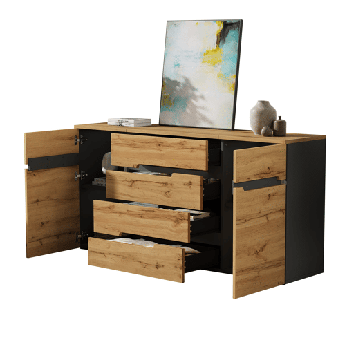 Aparador 160x40x80 cm - 2 portas, 4 gavetas, sem puxadores - Preto e madeira