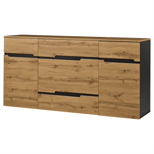 Aparador 160x40x80 cm - 2 portas, 4 gavetas, sem puxadores - Preto e madeira