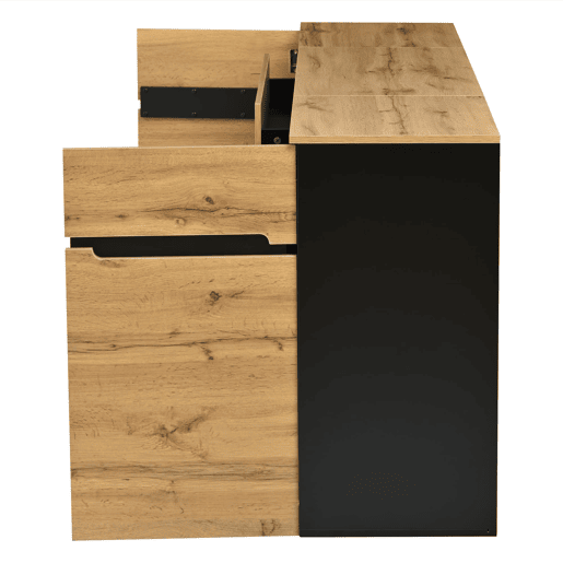 Aparador 160x40x80 cm - 2 portas, 4 gavetas, sem puxadores - Preto e madeira