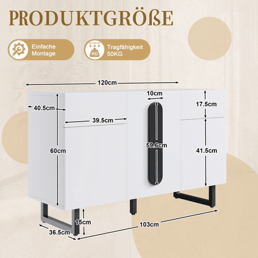 Aparador 120 cm - Grande capacidade de armazenamento, gavetas e portas - Branco