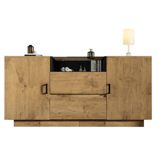 Cômoda 140x70x40 cm - 2 gavetas + 2 armários ajustáveis - Vidro ESG - Carvalho claro