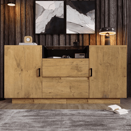 Cômoda 140x70x40 cm - 2 gavetas + 2 armários ajustáveis - Vidro ESG - Carvalho claro
